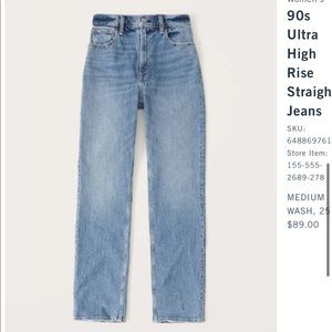 Abercrombie 90s Ultra High Rise Straight Jeans - Medium Wash - Worn Once - 25